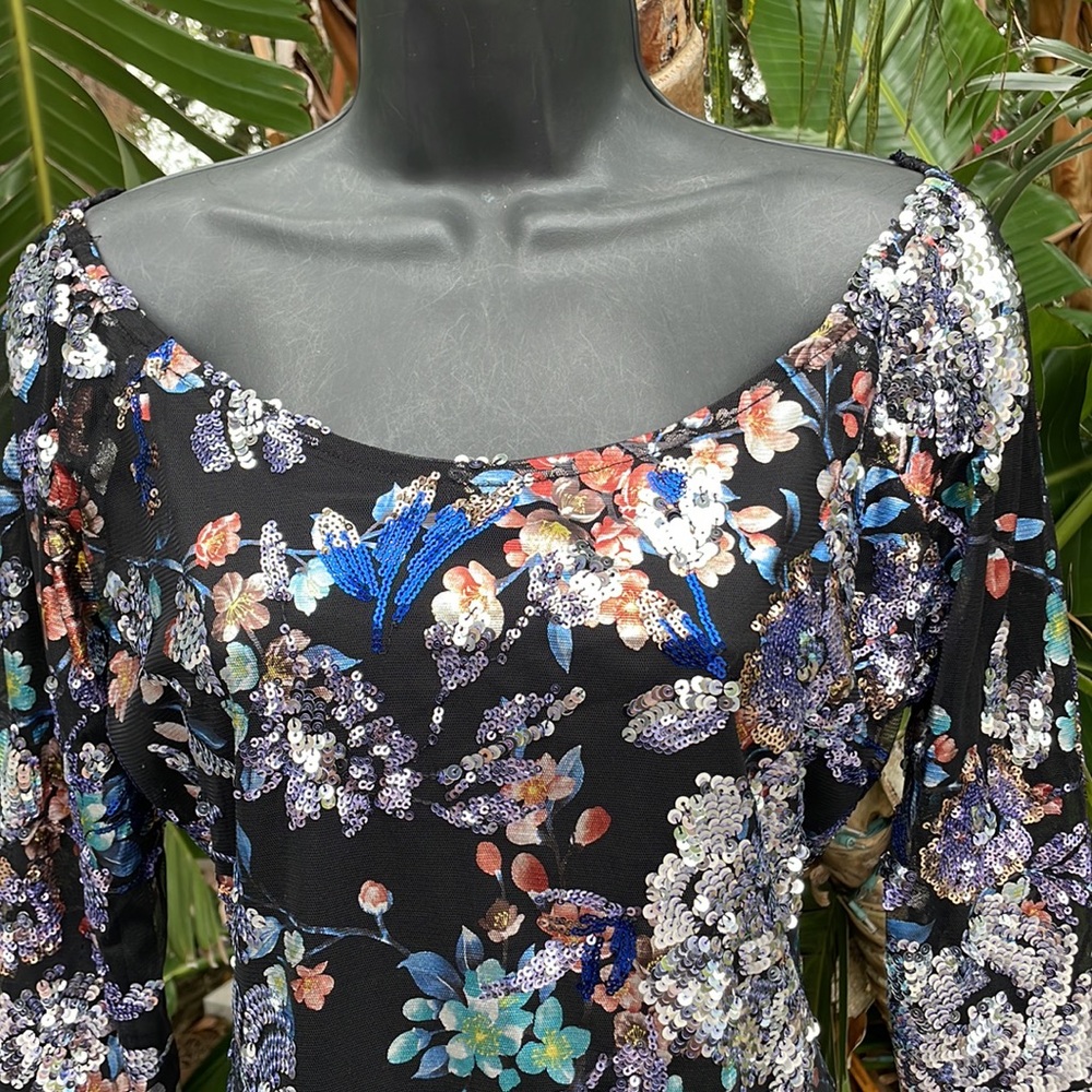 off shoulder, dark floral, sequin, metallic top